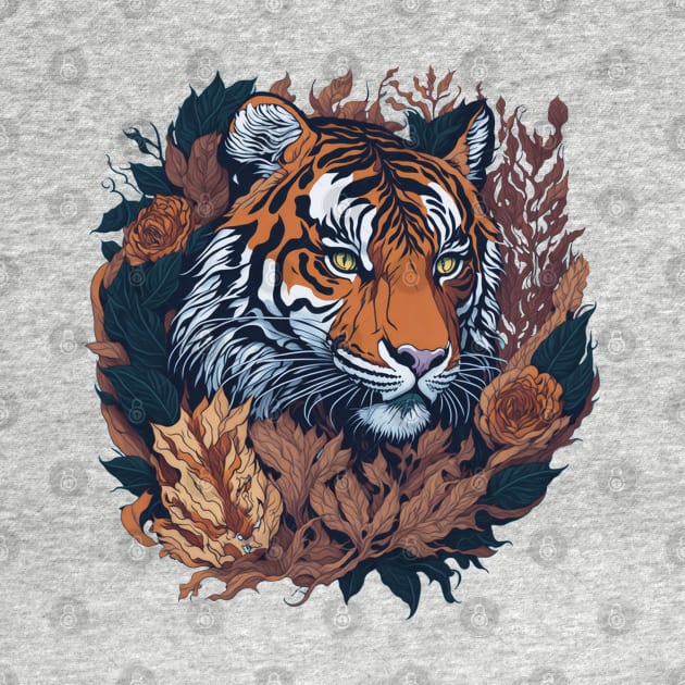 Tiger face with flowers and foliage t-shirt design, apparel, mugs, cases, wall art, stickers, water bottle T-Shirt by LyndaMacDesigns